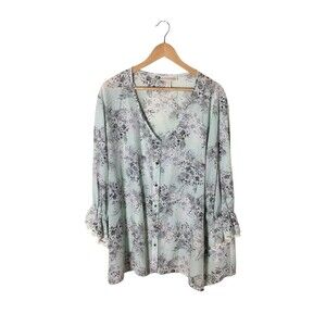 Emaline Top Women's Size 3X Blue Gray Floral V-Neck Button Up Long Sleeve